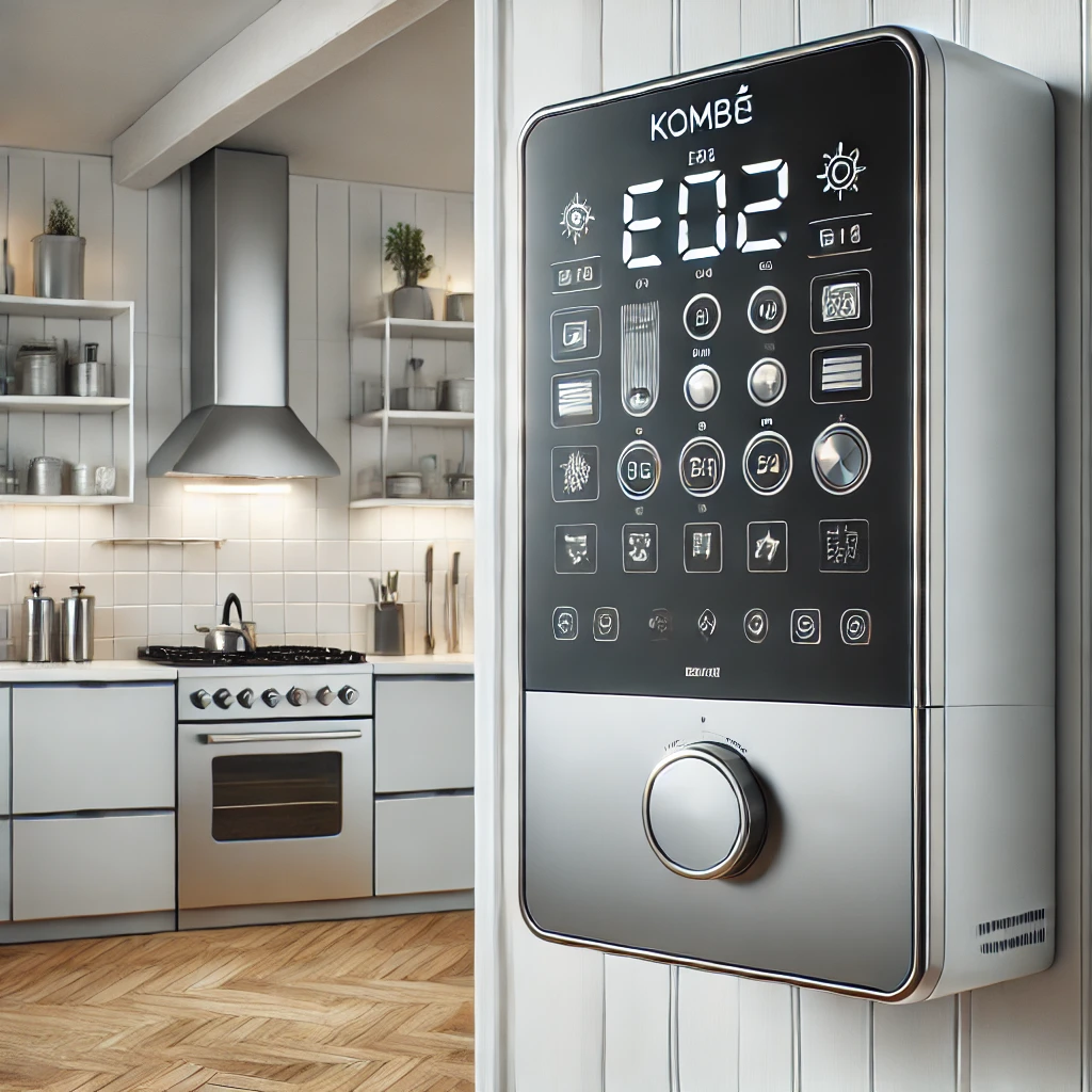 Airfel Kombi Arıza Kodları ve Çözümleri: Detaylı Rehber 1 DALL·E 2025 01 23 20.42.04 A modern and sleek visual representation of a gas boiler kombi in a home setting. The boiler is mounted on a white wall with visible icons for error